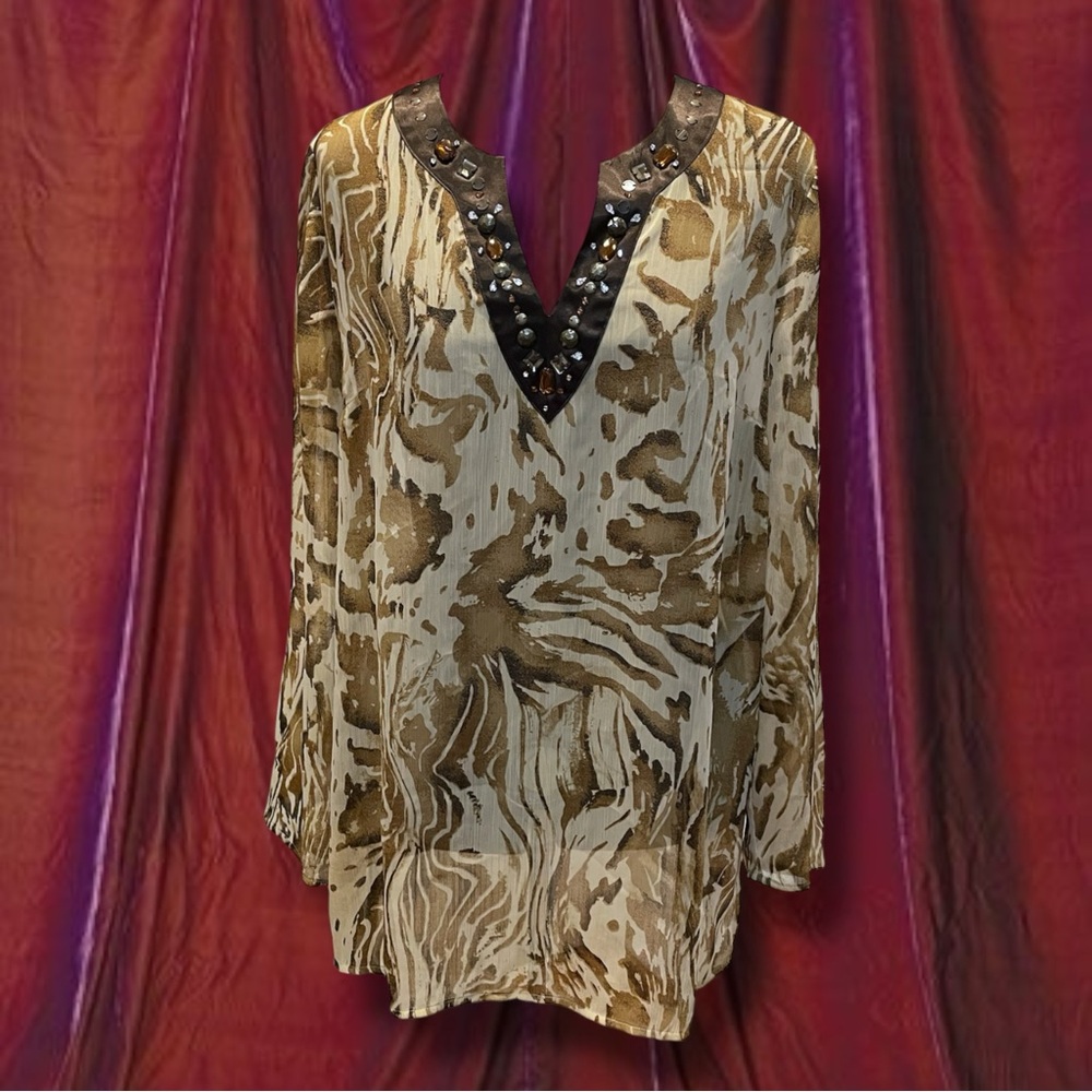 Susan Graver sheer tunic featuring an abstract animal-inspired print